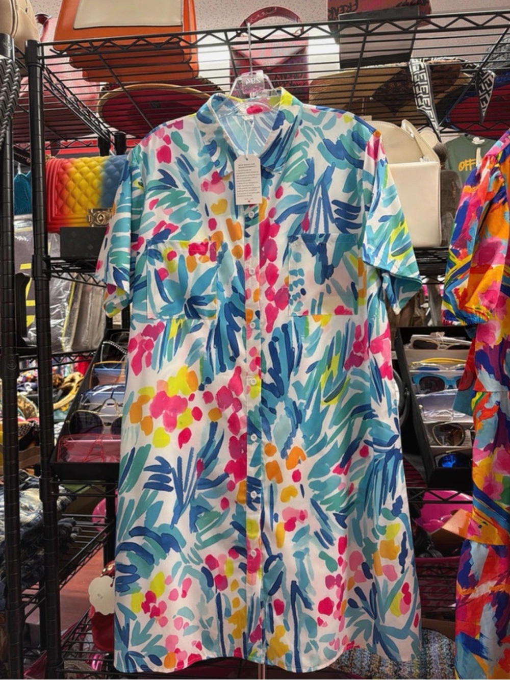 Colorful Tropical Print Button-Front Dress
